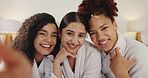 Friends, face and girls with selfie at spa for pamper date memory, blow kiss and social media post. Self care, people and photography in hotel room for luxury bonding, profile picture pout or support