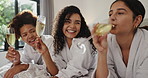 Friends, women and relax with wine at spa for pamper date, bonding together and funny gossip. Self care, people and laughing with alcohol in hotel room for weekend break, connection and hospitality
