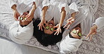 Above, friends and cucumber on eyes for skincare, organic cosmetics and bonding together. Happy, people and vegetable for diy facial, hydration treatment and dermatology benefits for reunion at hotel