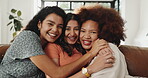 Face, people and friends hug at house with smile, reunion and bonding together. Portrait, women and laughing with embrace for friendship, affection and connection for social gathering in living room