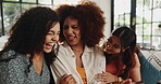 Women, friends and laugh with phone at house for gossip, social media post and meme website. Smile, people and mobile app for streaming funny video, sharing memory and reading notification at reunion