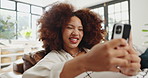 Girl, relax and laughing with phone on sofa for social media meme, online gossip or internet scroll. Happy, african person and smartphone in home for dating site joke, text message and weekend break