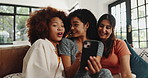 Friends, talk and laugh with phone at house for gossip, social media post and meme website. Smile, people and mobile app for streaming funny video, sharing memory and reading notification at reunion