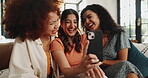 Group, people and laugh with phone at house for gossip, social media post and meme website. Smile, friends and mobile app for streaming funny video, sharing memory and reading notification at reunion