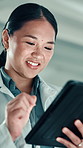 Smile, study or Asian woman in laboratory with tablet, science or gene editing medical experiment. Data scientist, chemistry breakthrough or reading on technology for report, test or research results