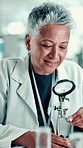 Scientist, woman and magnifying glass for plant research, development or gmo experiment. Science, mature worker and hand lens to analyze leaf, medical test or smile for agriculture innovation in lab