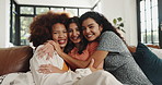 Face, people and friends hug on couch with smile, weekend reunion and bonding together. Portrait, women and laughing with embrace for friendship, affection and connection of social gathering at house