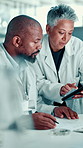 Science, meeting and people on tablet in lab for medical research, results and feedback. Healthcare team, pharmaceutical and scientists on tech for vaccine study, breakthrough or medicine discovery