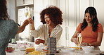 Cooking, wine and girl friends with cheers in kitchen with laughing, bonding or drinking alcohol together. Happy, toast and group of women with sparkling beverage for preparing dinner in apartment.