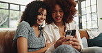 Phone, women and friends laughing in home for gif, meme or show funny ai filter app on internet. Mobile, living room and girls together for joke, online comedy or watch video on social media to relax