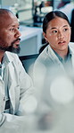 Discussion, team and scientists in laboratory for research, discovery or project on DNA. Conversation, science and biologists working on medical RNA for pharmaceutical development in collaboration.