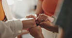 Praying, group and holding hands for faith, church or closeup of Christian friends, unity or belief. Worship, together and people with comfort for bible study, religion and respect for Jesus Christ