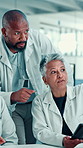 Science, meeting and people on computer in lab for medical research, results and feedback. Healthcare team, pharmaceutical and scientists on tech for vaccine study, breakthrough or medicine discovery