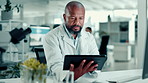 Man, scientist and reading with tablet in lab for medical research, plant experiment and report. Person, typing and computer for investigation, studying genetics and information of ecology innovation