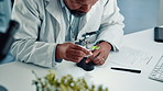 Science, lab and man with magnifying glass for plant for medical research, natural vaccines and medicine. Healthcare, pharmaceutical and scientist for gmo study, medicinal analysis and experiment