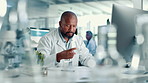 Lab, analysis and man with computer, plants and medical research for disease resistance and science. Experiment, biologist and mature person with tech for breakthrough, online and sustainability