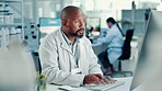 Lab, scientist and man with computer, medical research and writing info for genetic data and online. Clinic, biologist and mature person with tech to cure plant diseases, studying and climate change