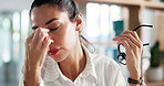 Eye strain, glasses and tired businesswoman with headache for job deadline, office project or report. Burnout, stress and exhausted female administrator with fatigue, migraine and pressure demand