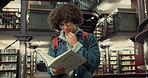 Reading, book and man with glasses, library or planning for exam, education or research for college. University, learner and person with assignment for scholarship, learning and knowledge for test