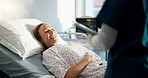 Hospital, bed and nurse talking with woman for medical service, consulting and treatment. Healthcare, clinic and person with tablet for patient results for surgery, procedure and online diagnosis