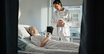 Hospital, bed and doctor with tablet and woman for medical service, consulting and treatment. Healthcare, clinic and person on tech for patient results for surgery, procedure success and diagnosis