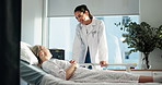 Doctor, woman and smile by hospital bed with feedback, report or good news with recovery for health. People, medical professional and patient for review, advice or consultation for services at clinic