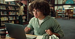 Man, library and student with laptop, celebration and education with deadline for project. Computer, excited and happy person with pc, university and email for scholarship,  knowledge and success
