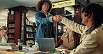 Students, people and handshake in university library for greeting, study group and welcome. Education, friends and happy at college for tutorial assignment, scholarship success and learning support