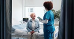 Nurse, healthcare and old woman in hospital, checkup and advice for cancer treatment. Pensioner, medical and elderly patient with professional, appointment and wellness with consultation and talking