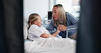 Hospital bed, holding hands and mom with child for empathy, support and care after surgery or treatment. Healthcare, pediatrics and mother with girl for comfort with diagnosis, results and recovery