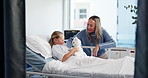 Hospital bed, teddy bear and mom with child for support, comforting and care after surgery or treatment. Healthcare, medical service and mother with girl and toy for diagnosis, results and recovery