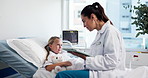 Hospital bed, talking and doctor on tablet with child for medical service, consulting and treatment. Healthcare, pediatrician and woman on tech with girl for surgery, results and patient diagnosis