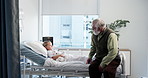 Grandfather, sick kid and support in clinic for visit, love or medical health with family. Grandpa, girl and people in hospital bed for talk, comfort or empathy for patient in rehabilitation care