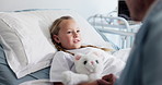 Pediatrician, support or holding hands with girl in hospital bed for recovery, feedback or checkup. Healthcare, doctor and comfort sick patient in clinic for medical treatment, trust and assurance