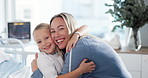 Hospital bed, hug and face of mom with child for empathy, support and care after surgery or treatment. Healthcare, portrait and mother embrace girl for love and healing, medical service and recovery