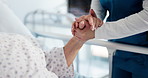 Nurse, support or holding hands with patient in hospital bed for recovery, diagnosis news or empathy. Healthcare, professional and comfort old person for medical checkup, feedback and health results
