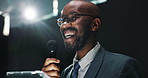 Black man, meeting and tablet at seminar for presentation, speech or discussion at workplace. Male person, employee or presenter talking with smile, mic or technology for corporate talkshow at summit