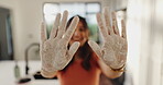 Kitchen, showing and hands with flour, messy or person with baking skills, baker or closeup in home. House, smile and woman with recipe for dessert preparation, confident and fingers with powder
