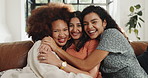 Face, women and friends hug at house with smile, reunion and bonding together. Portrait, people and laughing with embrace for friendship, affection and connection for social gathering in living room