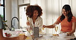 Cooking, wine and girl friends in kitchen with laughing, bonding or drinking alcohol together. Happy, conversation and group of women with sparkling beverage for preparing dinner in apartment.