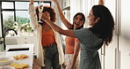Dancing, wine and girl friends with energy in kitchen with fun, bonding or cooking dinner together in home. Happy, rhythm and women with music for preparing food for supper with alcohol drinks.