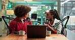 Radio, man and woman with mic, live stream and collaboration for talk show, online and conversation. Production, podcaster and people with microphone for audio communication, journalist or discussion