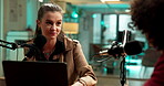 Radio, broadcast and woman with guest, talk show or discussion for live stream, online or interview. Happy, journalist and people with mic for conversation, digital and chat for media production