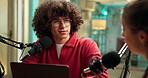 Radio host, guest and microphone for talk show with online interview, storytelling or discussion. Live streaming, laptop or podcast with woman in studio for audio recording or on air public relations