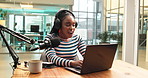 Black woman, announcer and talking with laptop, headphones or mic for audio podcast at office. Female person, broadcaster or speaking on air or computer for radio communication, news or announcement