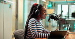 Happy, black woman and announcer with headphones, tablet or mic for audio podcast at office. Female person, broadcaster or commentator talking on laptop for radio communication, news or announcement