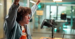Happy man, announcer or winning with headphones for sport broadcast or radio announcement at office. Male person, commentator or caster talking on mic with victory or good news for audio podcast