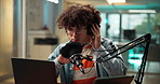 Laptop, headphones and man with microphone for radio DJ, multimedia or podcast in studio. Audio equipment, sound check and person with recording for online broadcast, announcement or live streaming.