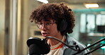 Headphones, podcast host or man with microphone for audio recording, on air broadcast and news. Radio presenter, live stream and person with discussion in studio for content creation and announcement