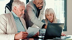 Financial documents, laptop or business people in meeting for budget growth, funding or sales feedback. Teamwork, research or analyst talking to director for finance review or online report in office